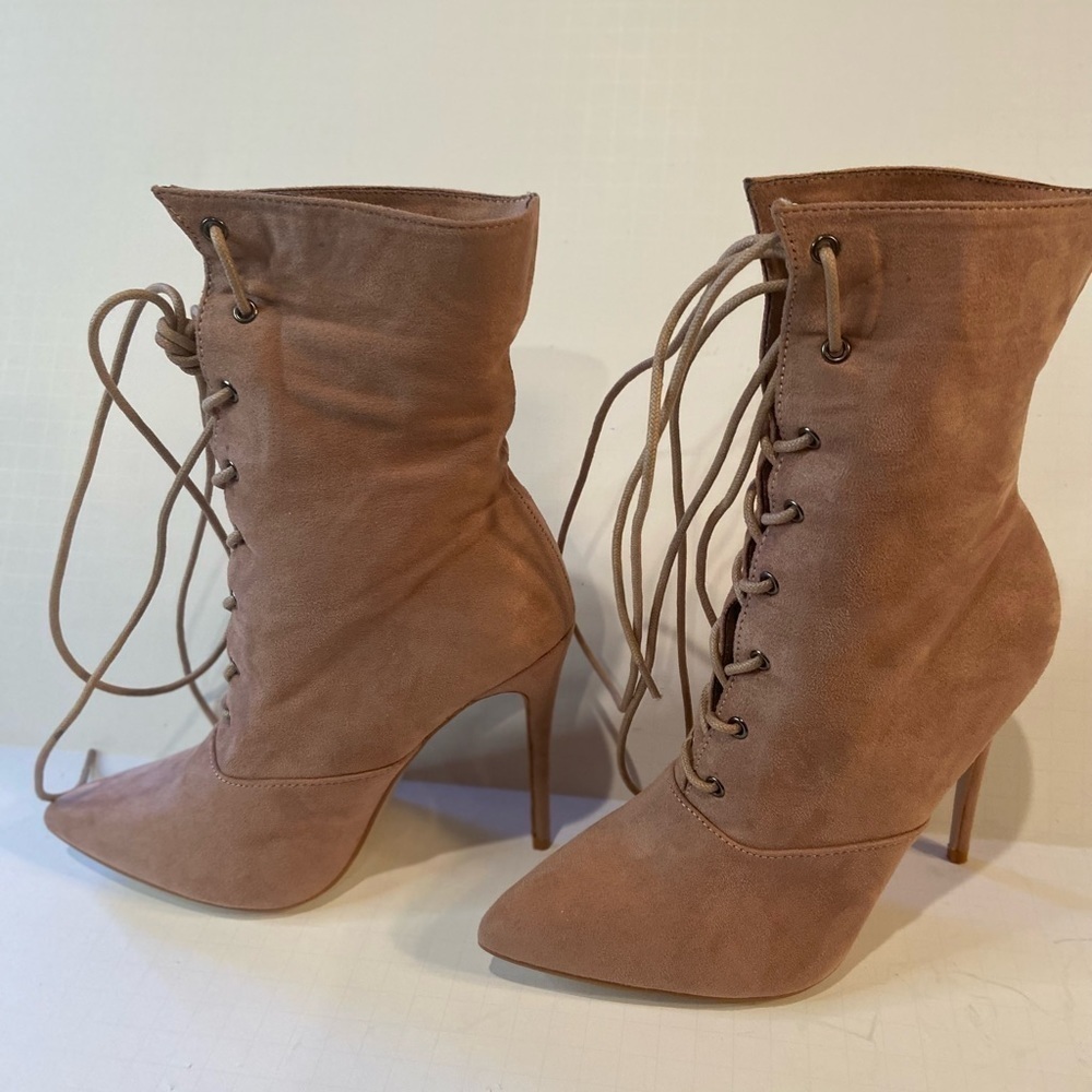 Public Desire~Pink Faux Suede Lace-Up Stiletto Ankle Boot~Pointed Toe~Size US-6 - Picture 6 of 16